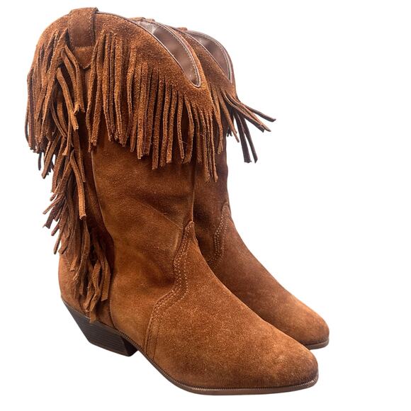 Leather Craft Frisco Western Boots Women 7 Brown Suede Fringe Cowboy Boho Rodeo - Picture 1 of 11
